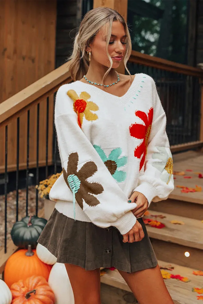 2024 Autumn New V-neck Casual All-match Floral Print Warm Knitted Sweater