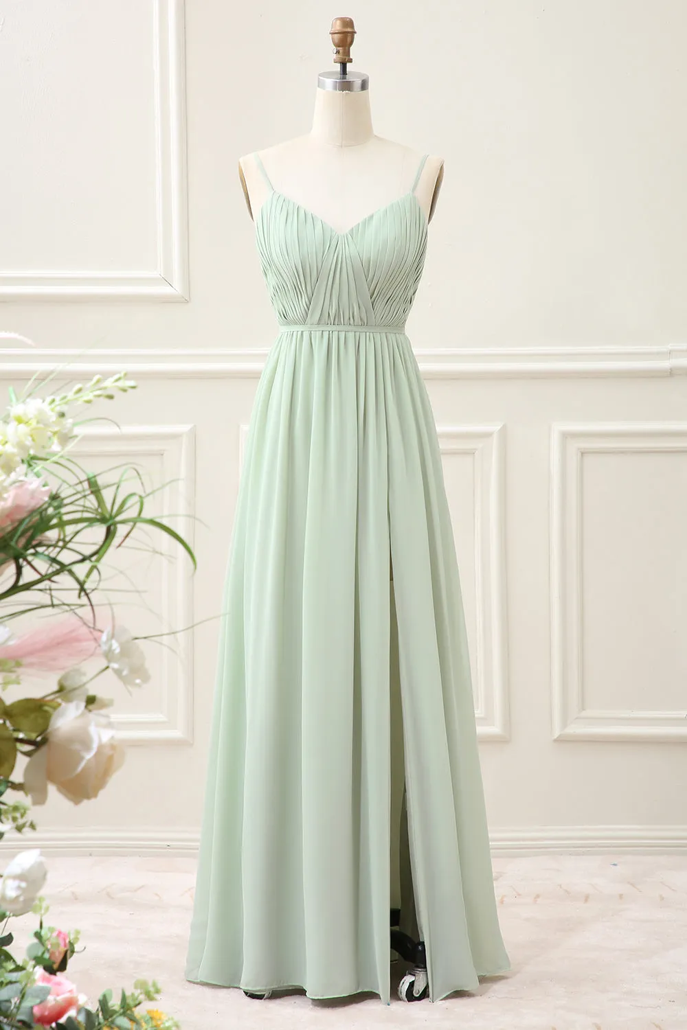 A Line Dusty Sage Chiffon Spaghetti Straps Maxi Dress with Slit