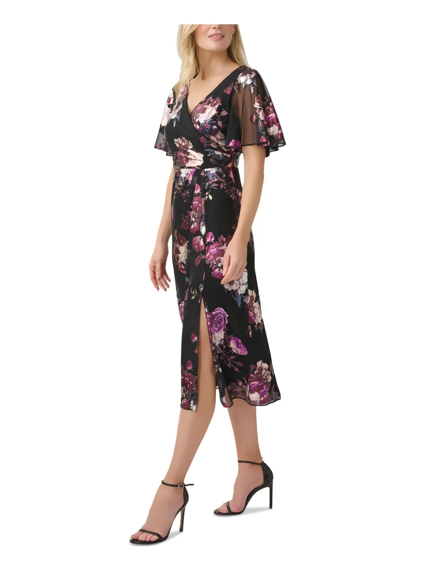 ADRIANNA PAPELL Womens Black Zippered Ruched Slitted Lined Floral Flutter Sleeve Surplice Neckline Midi Wear To Work Faux Wrap Dress