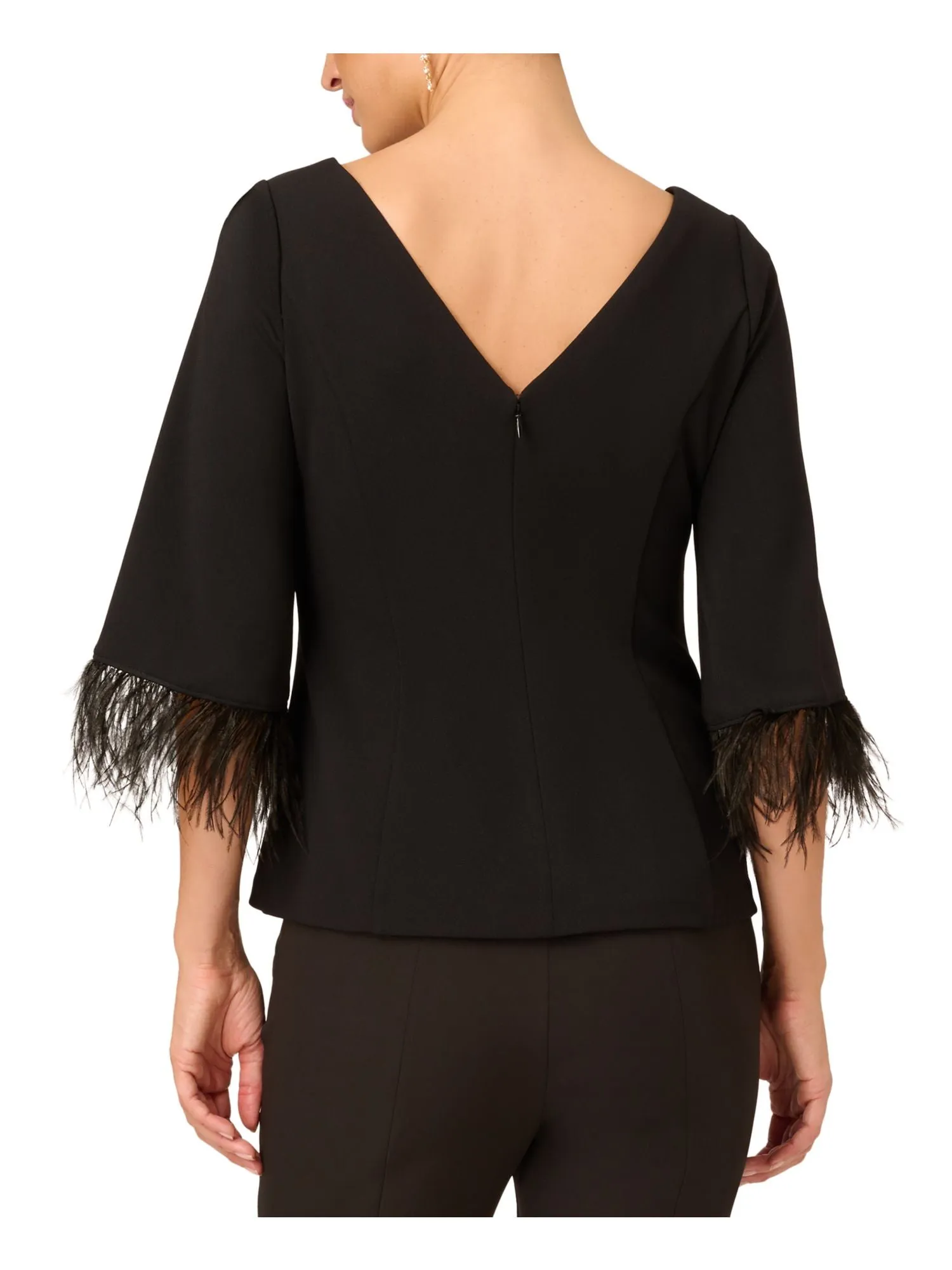 ADRIANNA PAPELL Womens Black Zippered V-back Feather Trim Cuffs 3/4 Sleeve Boat Neck Party Top