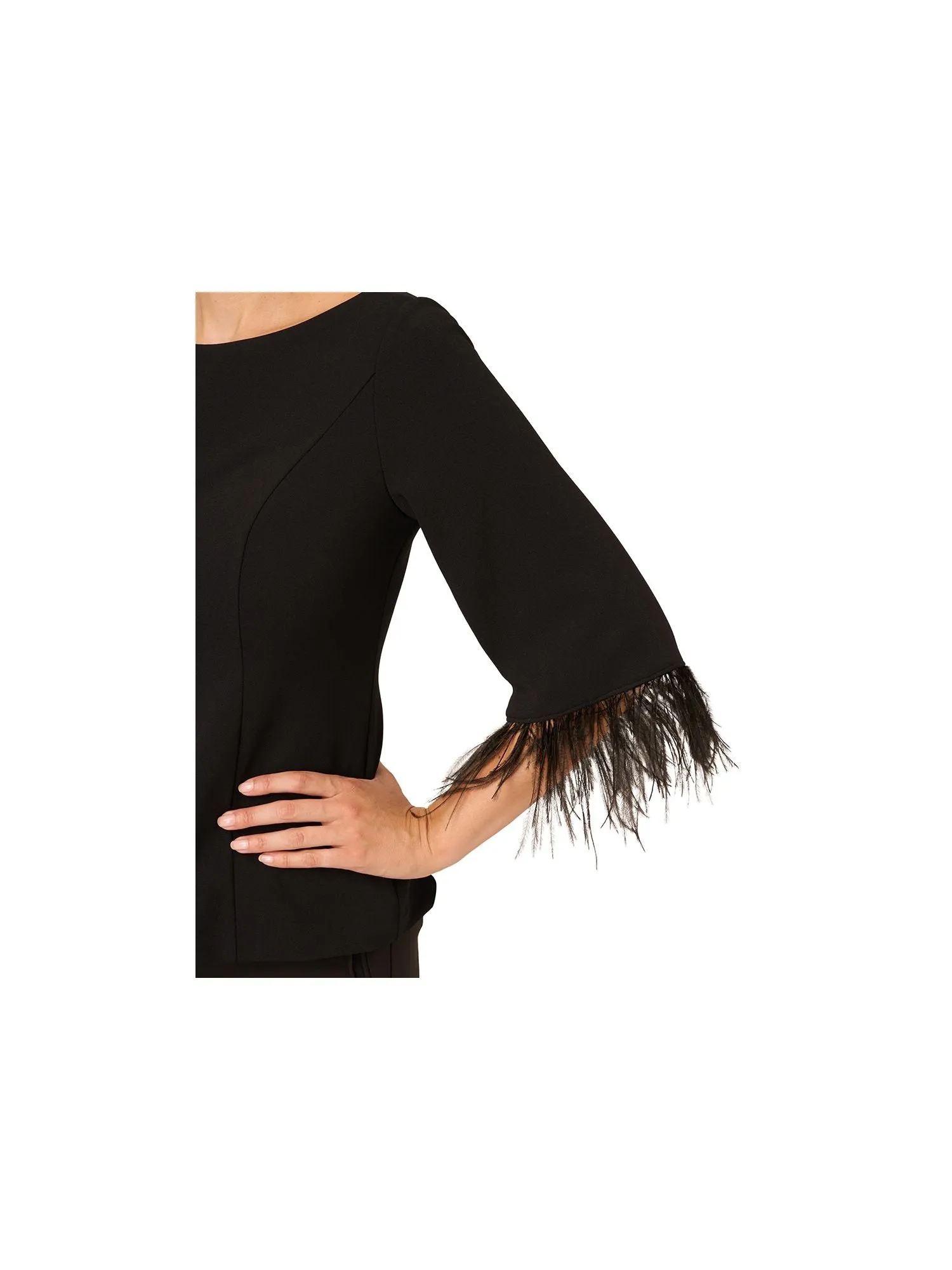 ADRIANNA PAPELL Womens Black Zippered V-back Feather Trim Cuffs 3/4 Sleeve Boat Neck Party Top