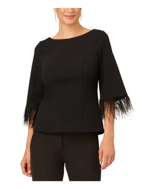 ADRIANNA PAPELL Womens Black Zippered V-back Feather Trim Cuffs 3/4 Sleeve Boat Neck Party Top