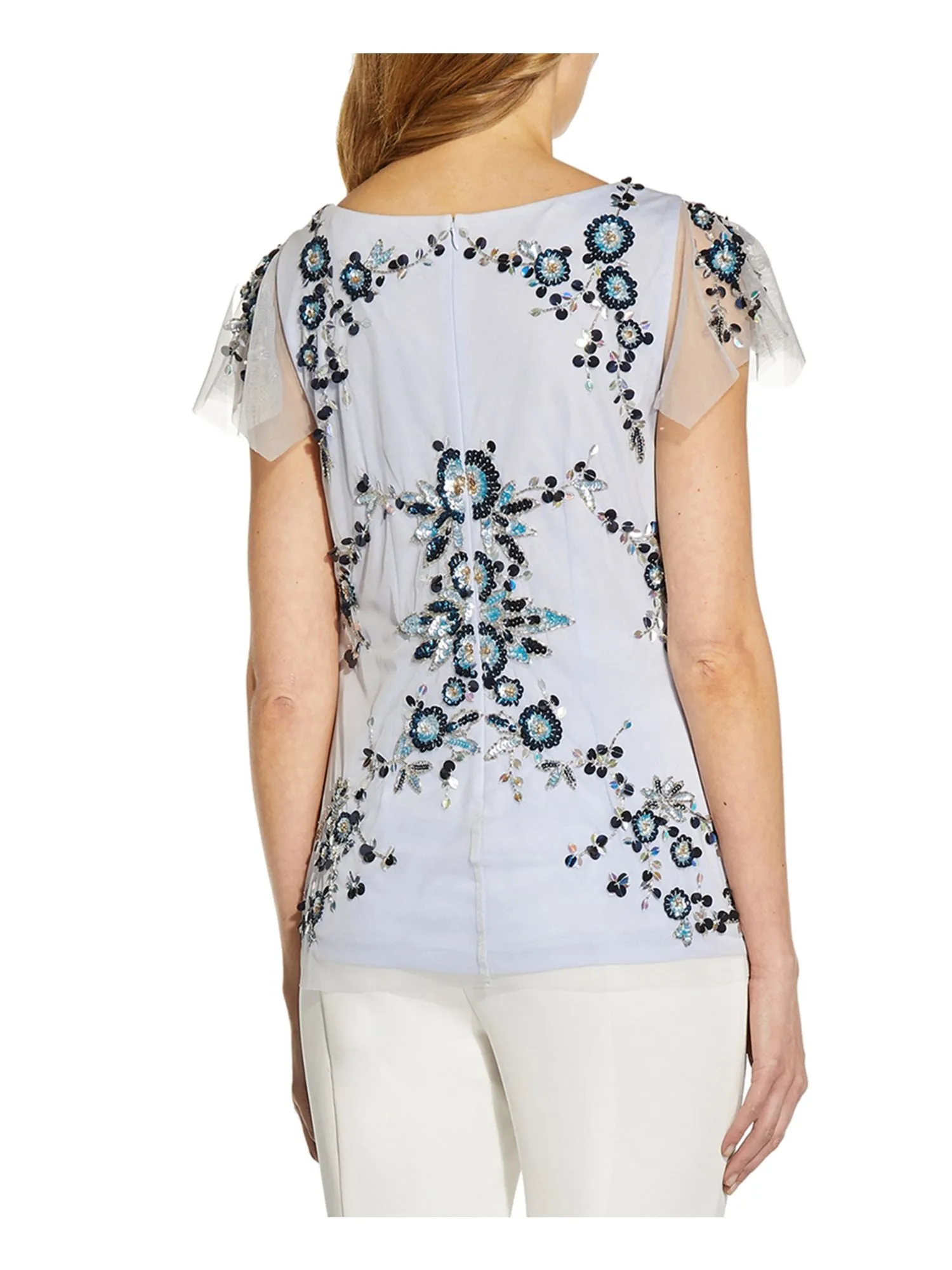 ADRIANNA PAPELL Womens Embellished Floral Flutter Sleeve V Neck Wear To Work Top