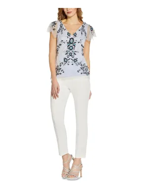 ADRIANNA PAPELL Womens Embellished Floral Flutter Sleeve V Neck Wear To Work Top