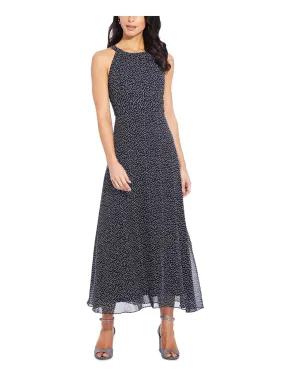 ADRIANNA PAPELL Womens Navy Belted Pleated Lined Polka Dot Sleeveless Halter Midi Evening Fit   Flare Dress