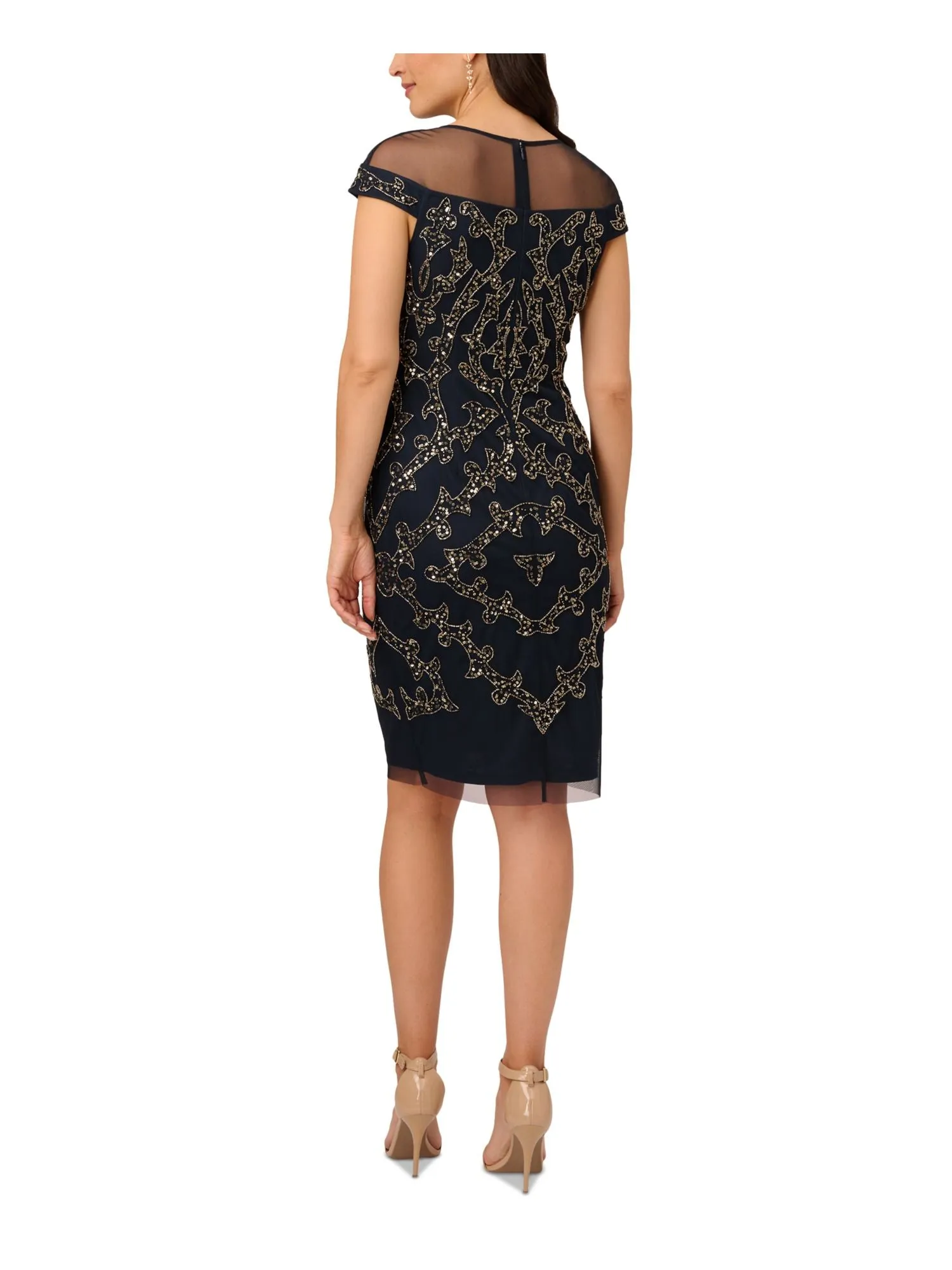 ADRIANNA PAPELL Womens Navy Mesh Embellished Zippered Lined Cap Sleeve Round Neck Above The Knee Party Sheath Dress