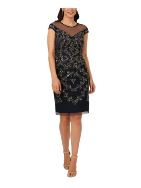 ADRIANNA PAPELL Womens Navy Mesh Embellished Zippered Lined Cap Sleeve Round Neck Above The Knee Party Sheath Dress