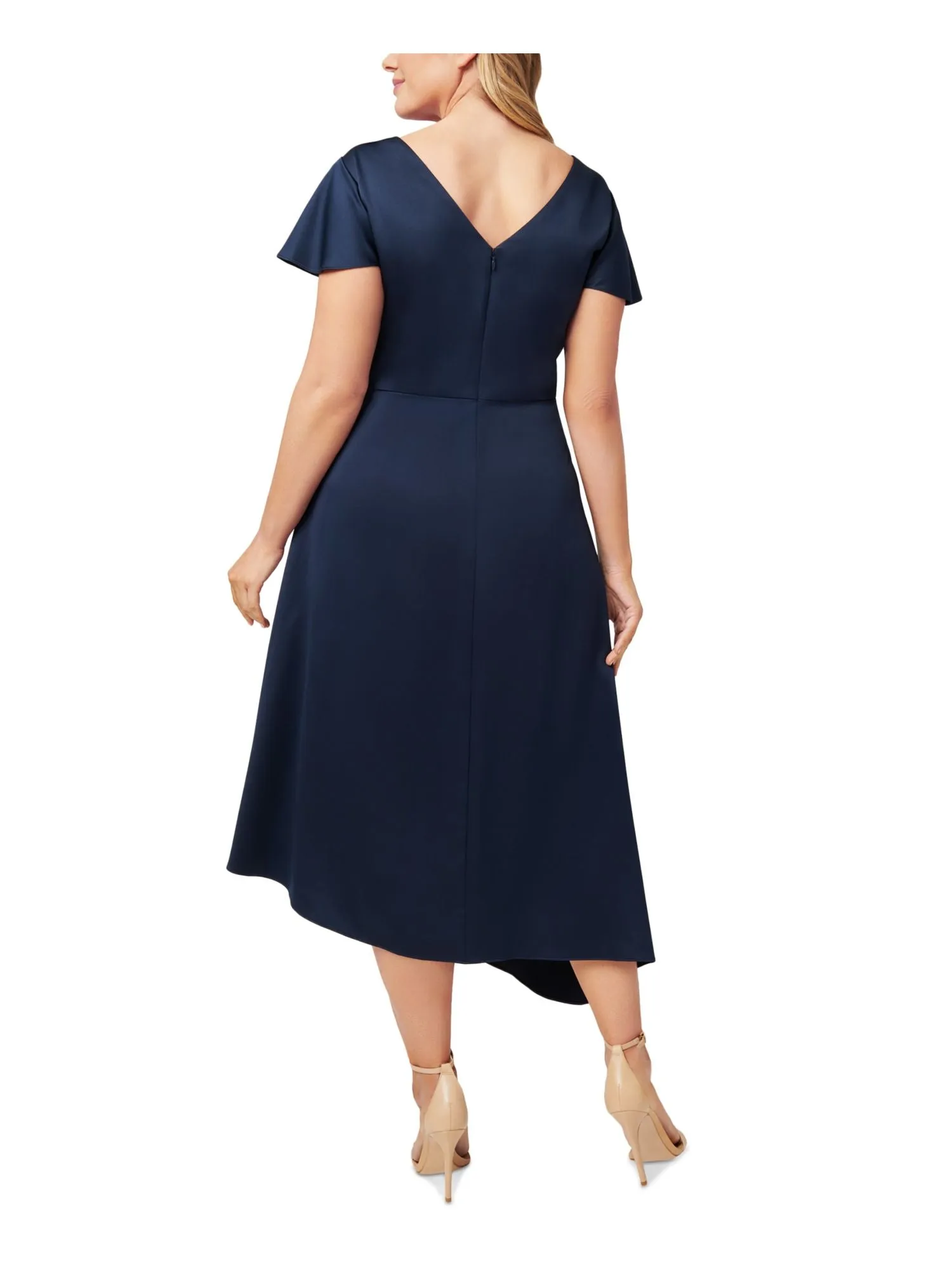 ADRIANNA PAPELL Womens Navy Ruffled Zippered Asymmetrical Hem Lined Flutter Sleeve V Neck Maxi Party Fit   Flare Dress