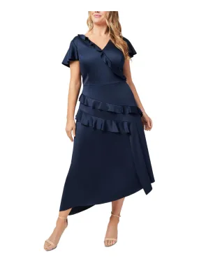 ADRIANNA PAPELL Womens Navy Ruffled Zippered Asymmetrical Hem Lined Flutter Sleeve V Neck Maxi Party Fit   Flare Dress