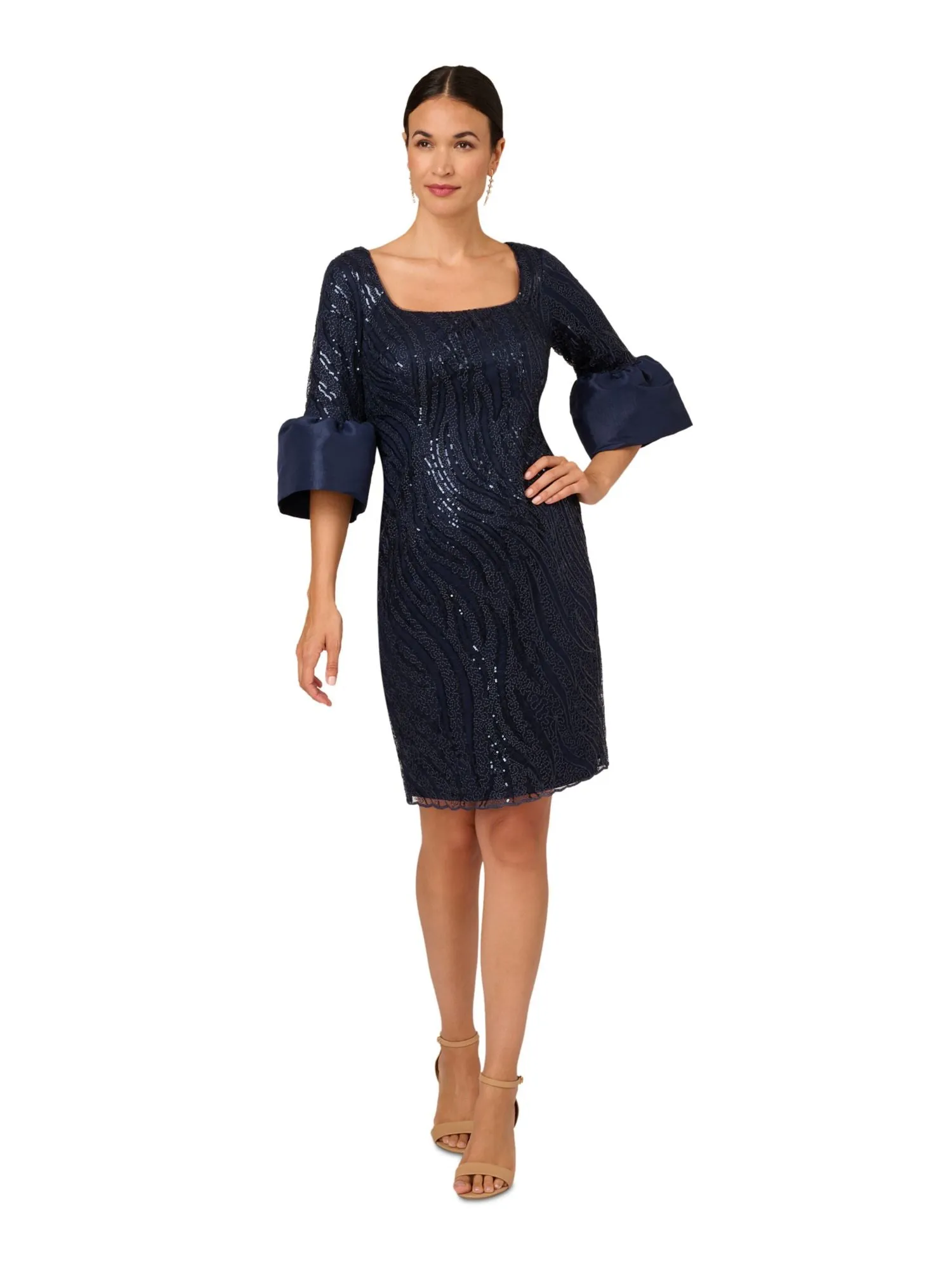 ADRIANNA PAPELL Womens Navy Sequined Zippered Lined Lace Bell Sleeve Square Neck Above The Knee Cocktail Sheath Dress