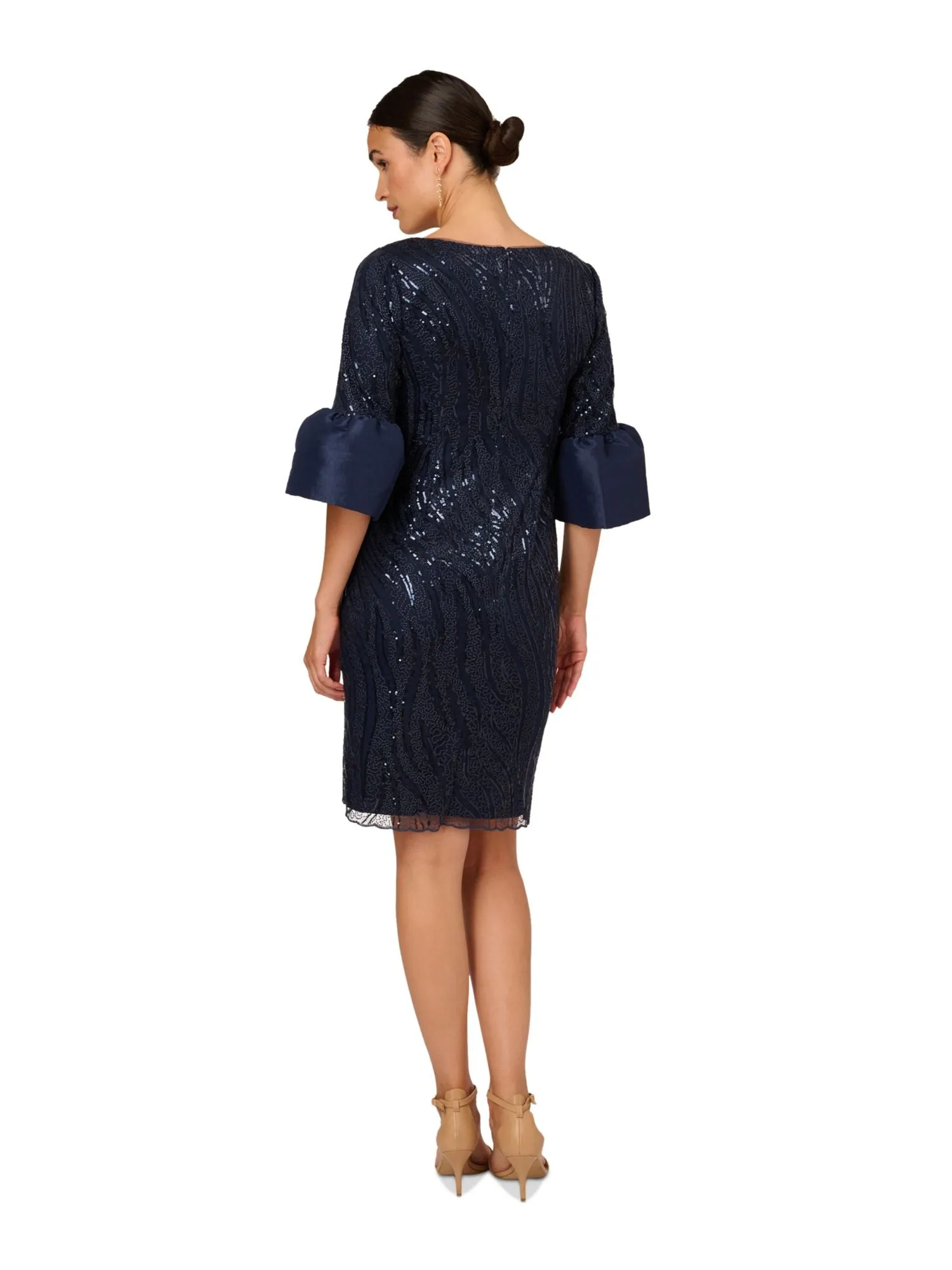 ADRIANNA PAPELL Womens Navy Sequined Zippered Lined Lace Bell Sleeve Square Neck Above The Knee Cocktail Sheath Dress