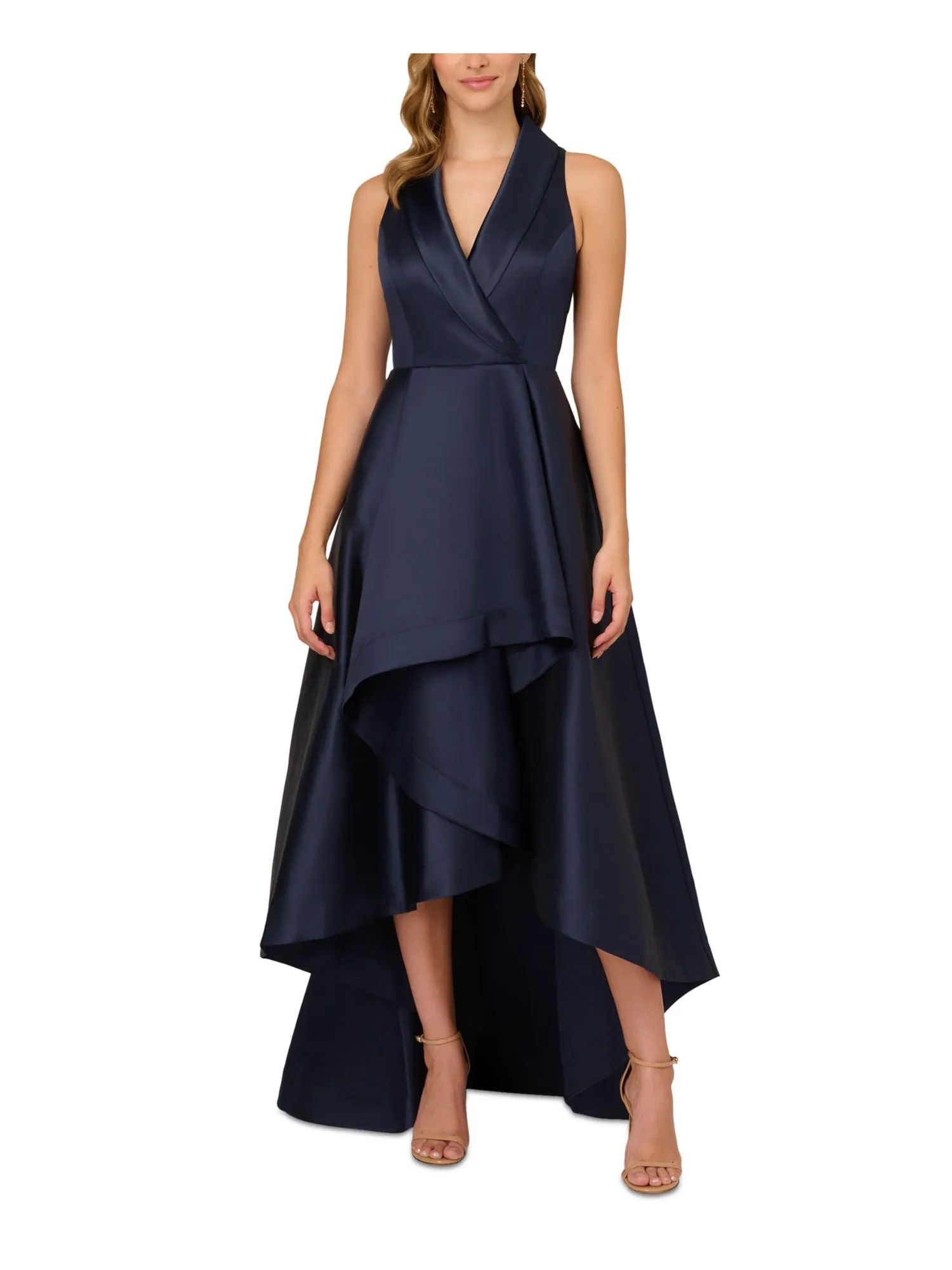 ADRIANNA PAPELL Womens Navy Zippered Lined Gathered Collared Sleeveless Surplice Neckline Full-Length Formal Gown Dress