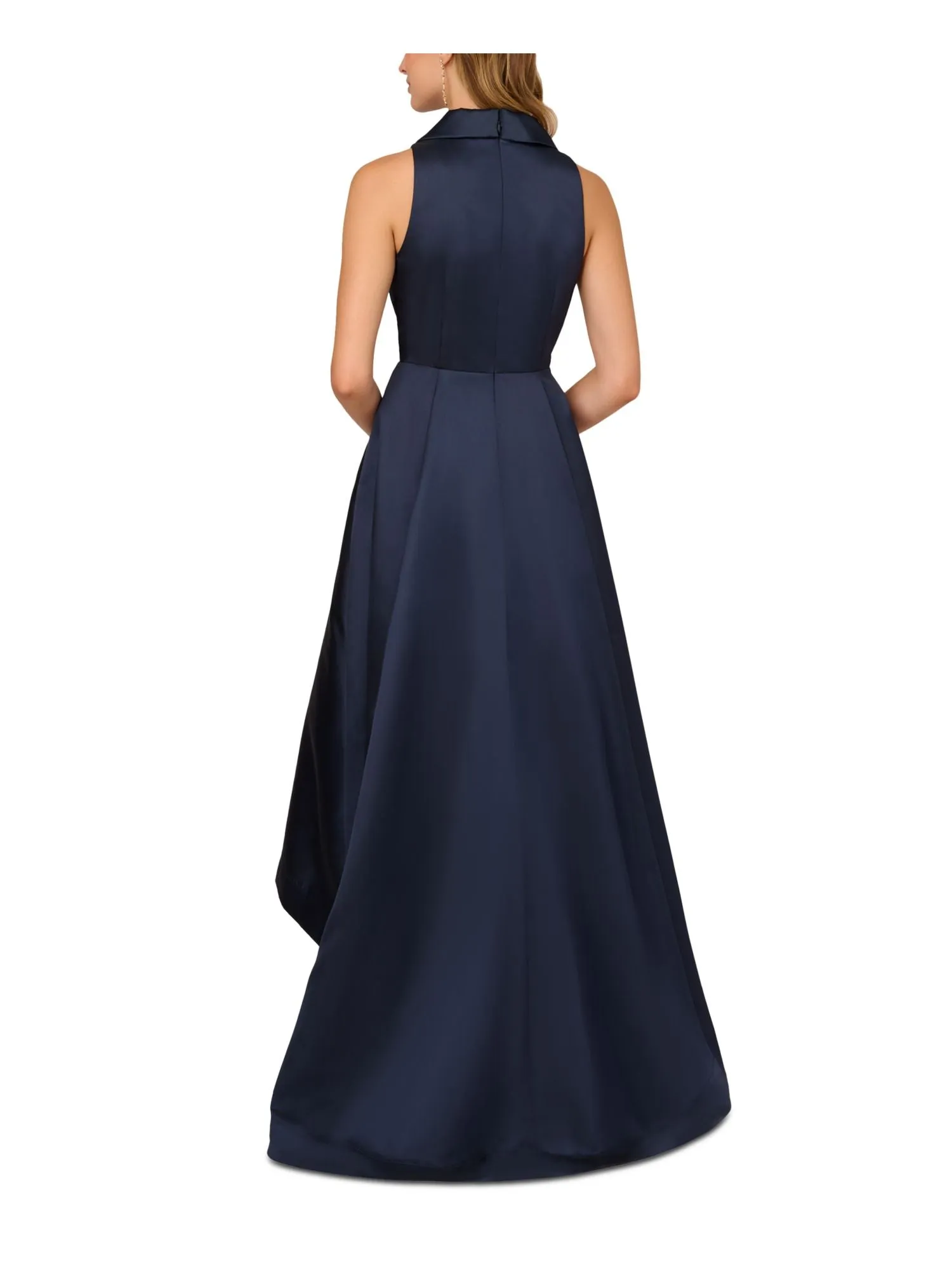 ADRIANNA PAPELL Womens Navy Zippered Lined Gathered Collared Sleeveless Surplice Neckline Full-Length Formal Gown Dress