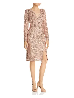 ADRIANNA PAPELL Womens Pink Mesh Sequined Zippered Slit Lined Long Sleeve Surplice Neckline Knee Length Evening Faux Wrap Dress