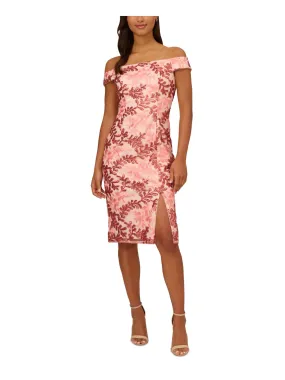 ADRIANNA PAPELL Womens Pink Zippered Slitted Lined Short Sleeve Off Shoulder Midi Party Sheath Dress