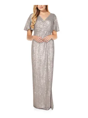 ADRIANNA PAPELL Womens Silver Sequined Zippered Pleated Slitted Draped Short Sleeve Surplice Neckline Full-Length Evening Gown Dress