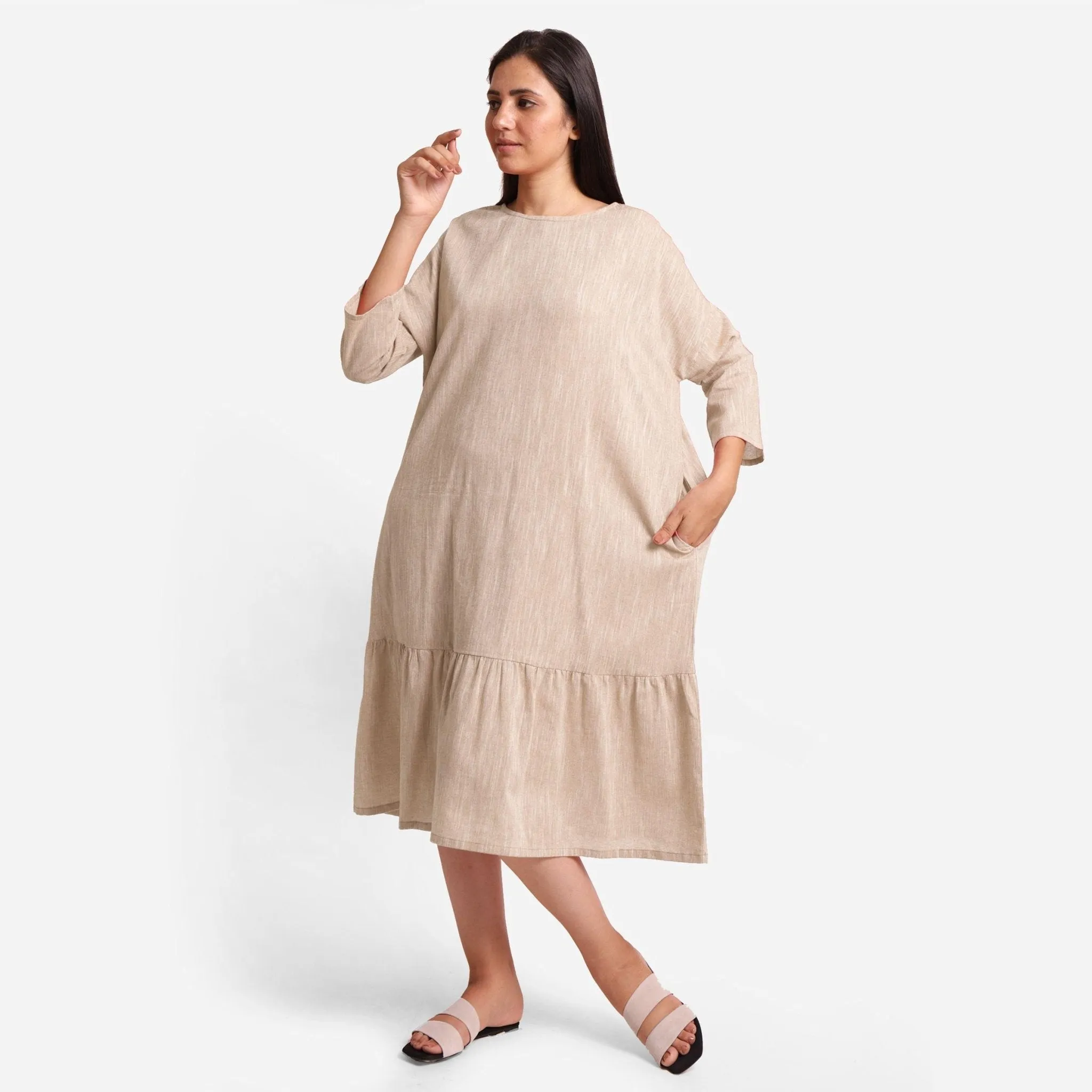 Beige Yarn Dyed 100% Cotton Boat Neck Midi Tier Dress