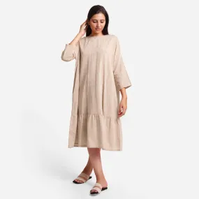 Beige Yarn Dyed 100% Cotton Boat Neck Midi Tier Dress