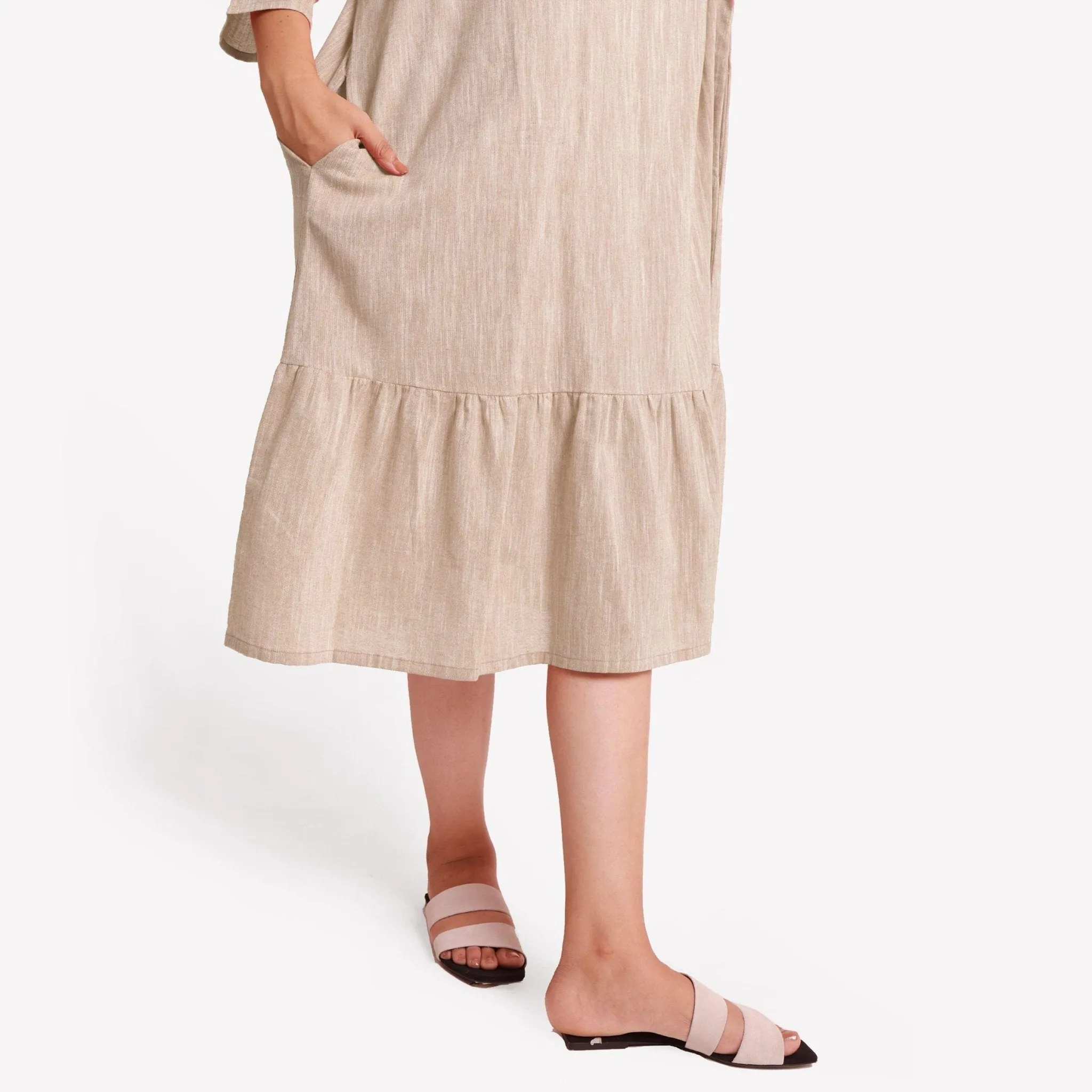 Beige Yarn Dyed 100% Cotton Boat Neck Midi Tier Dress