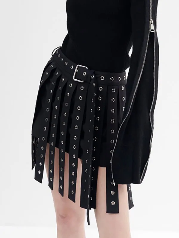 Belt Buckle Hollow Tasseled A-Line High Waisted Skirts Bottoms