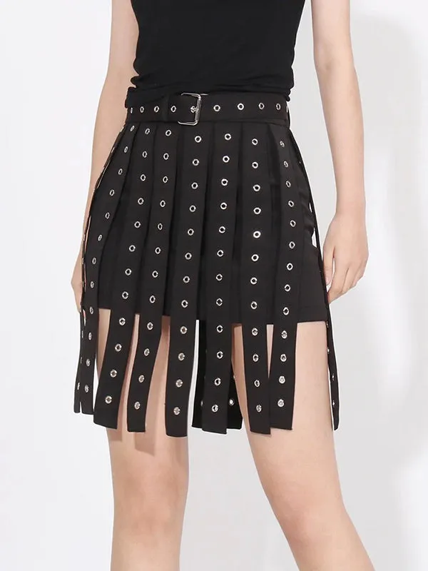 Belt Buckle Hollow Tasseled A-Line High Waisted Skirts Bottoms