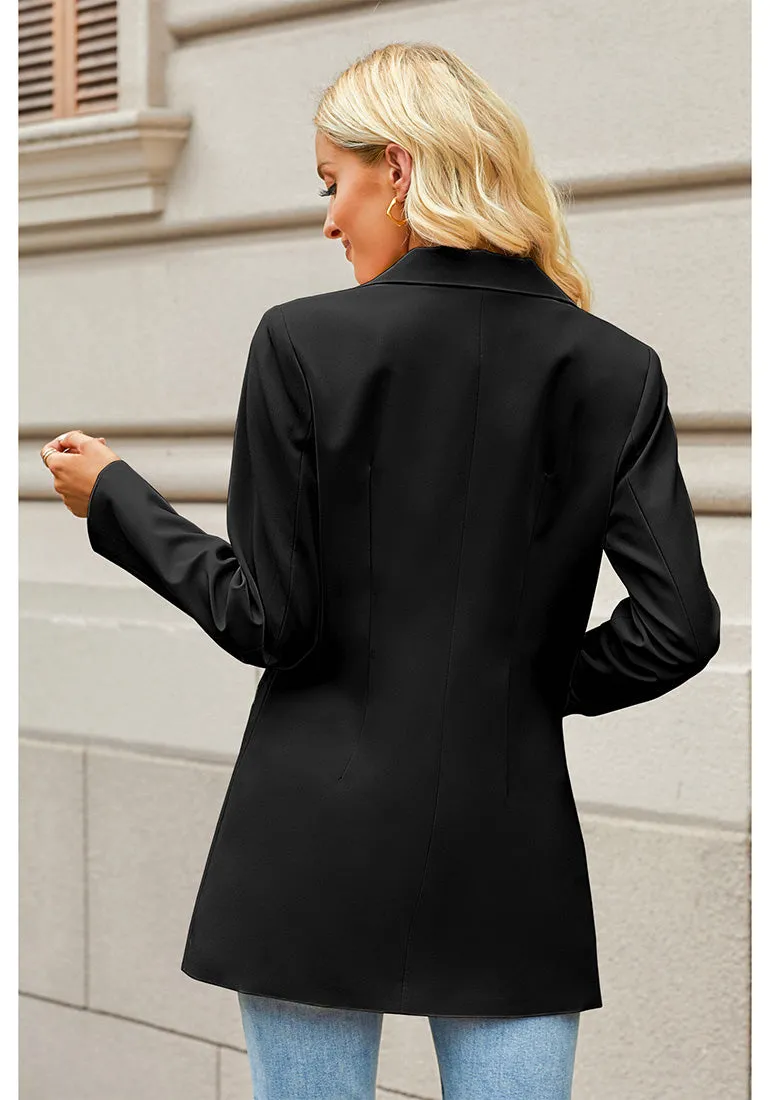 Black Women's Long Professional Office Casual Pocket Lapel Blazers