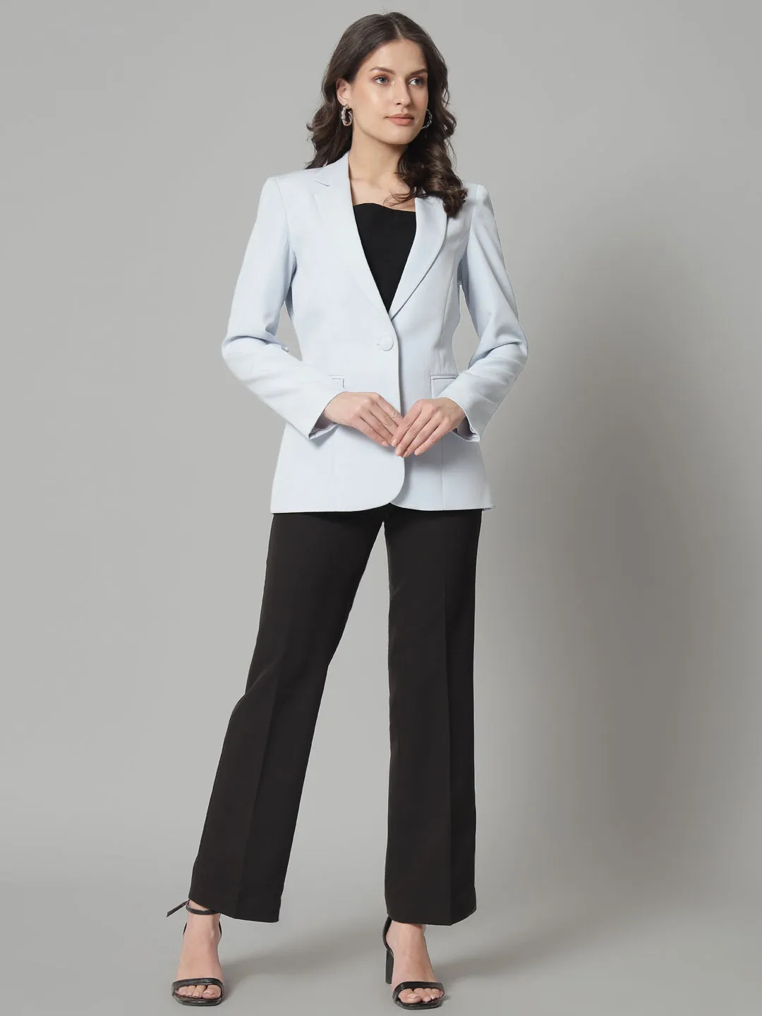 Blue Notched Collar Single-Button Closure Blazer