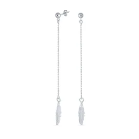 Boho Minimalist Feather Leaf Dangle Earrings Beaded Ball Chain Sterling Silver