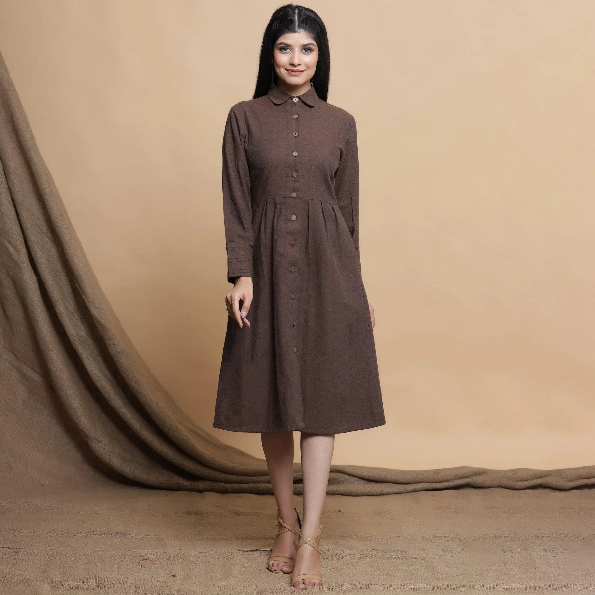 Brown Button Down Cotton Knee Length Formal Dress