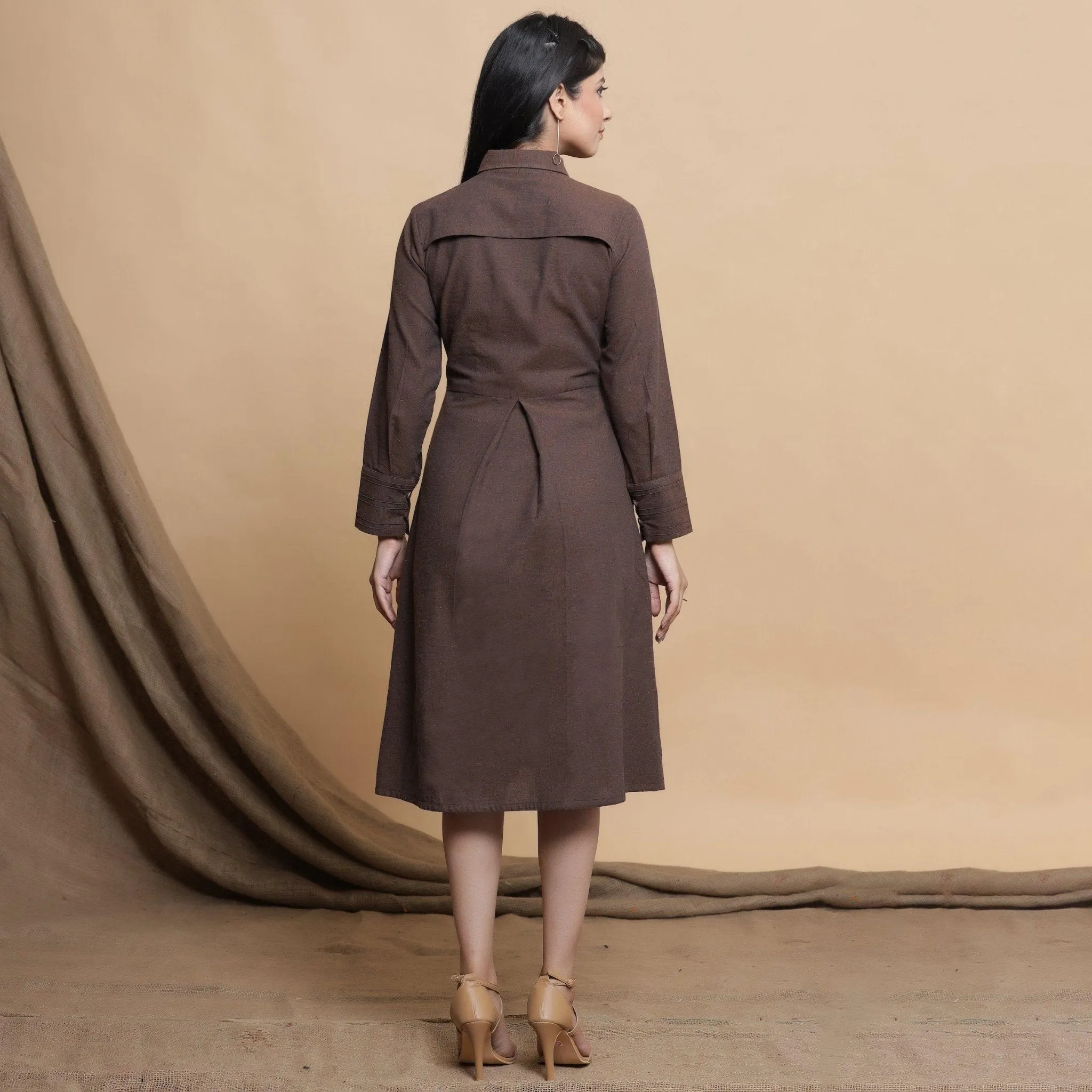 Brown Button Down Cotton Knee Length Formal Dress