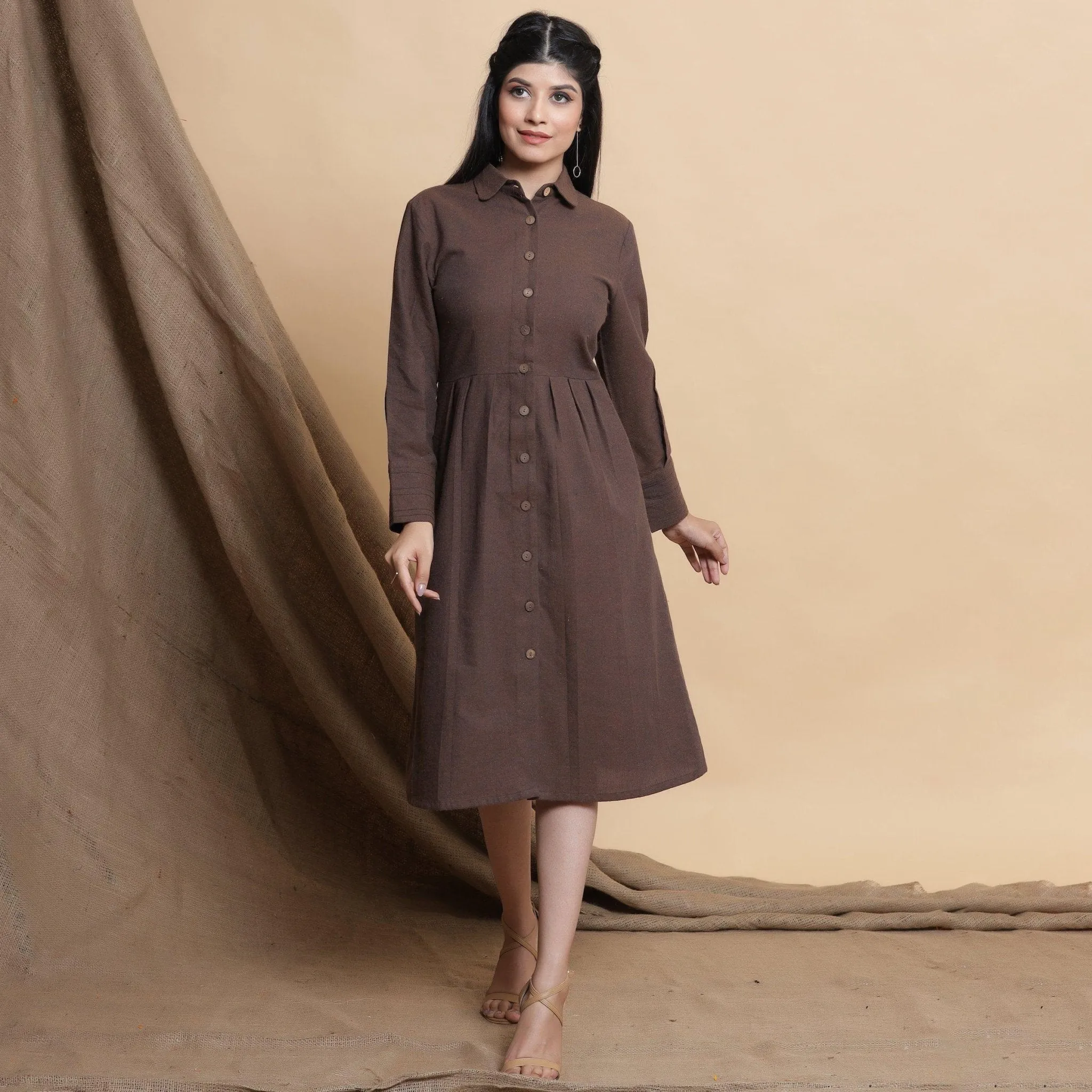 Brown Button Down Cotton Knee Length Formal Dress