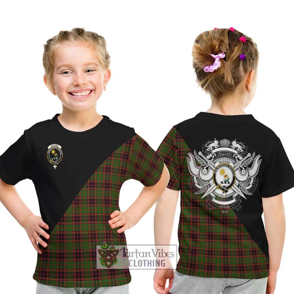 Buchan Tartan Kid T-Shirt with Family Crest and Military Logo Style