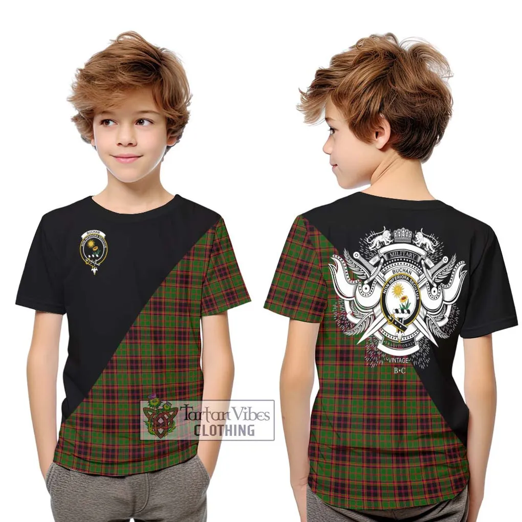 Buchan Tartan Kid T-Shirt with Family Crest and Military Logo Style