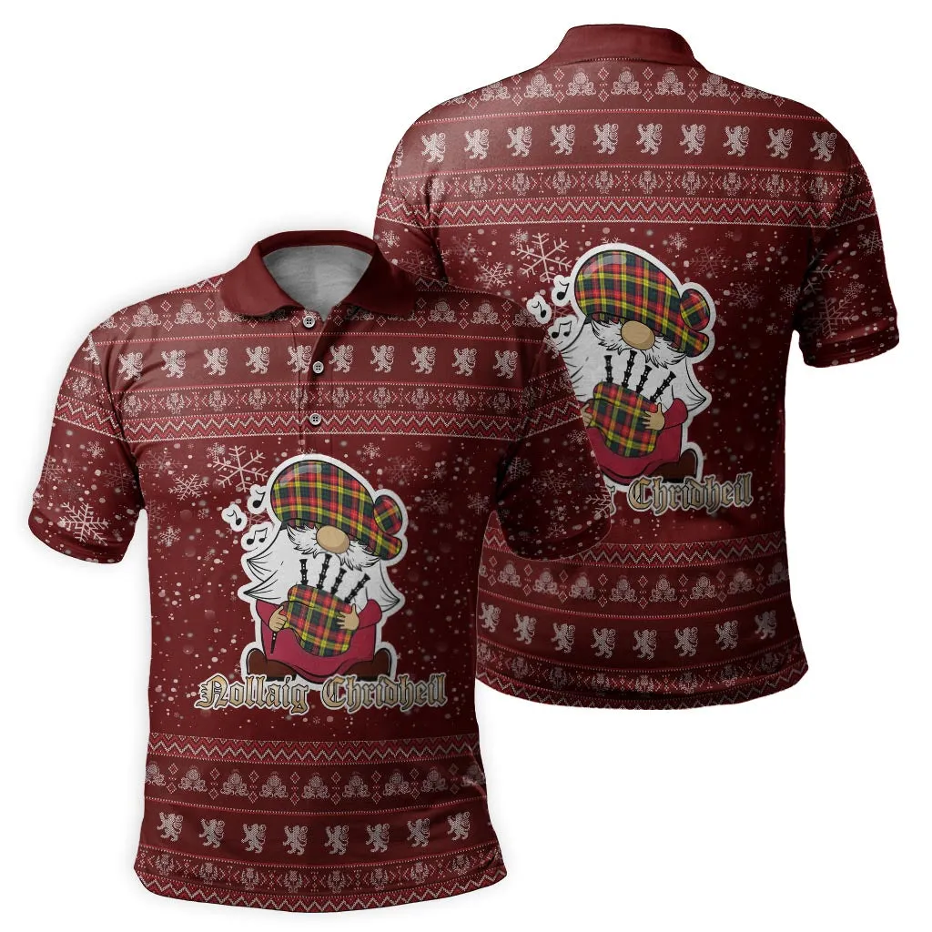 Buchanan Modern Clan Christmas Family Polo Shirt with Funny Gnome Playing Bagpipes