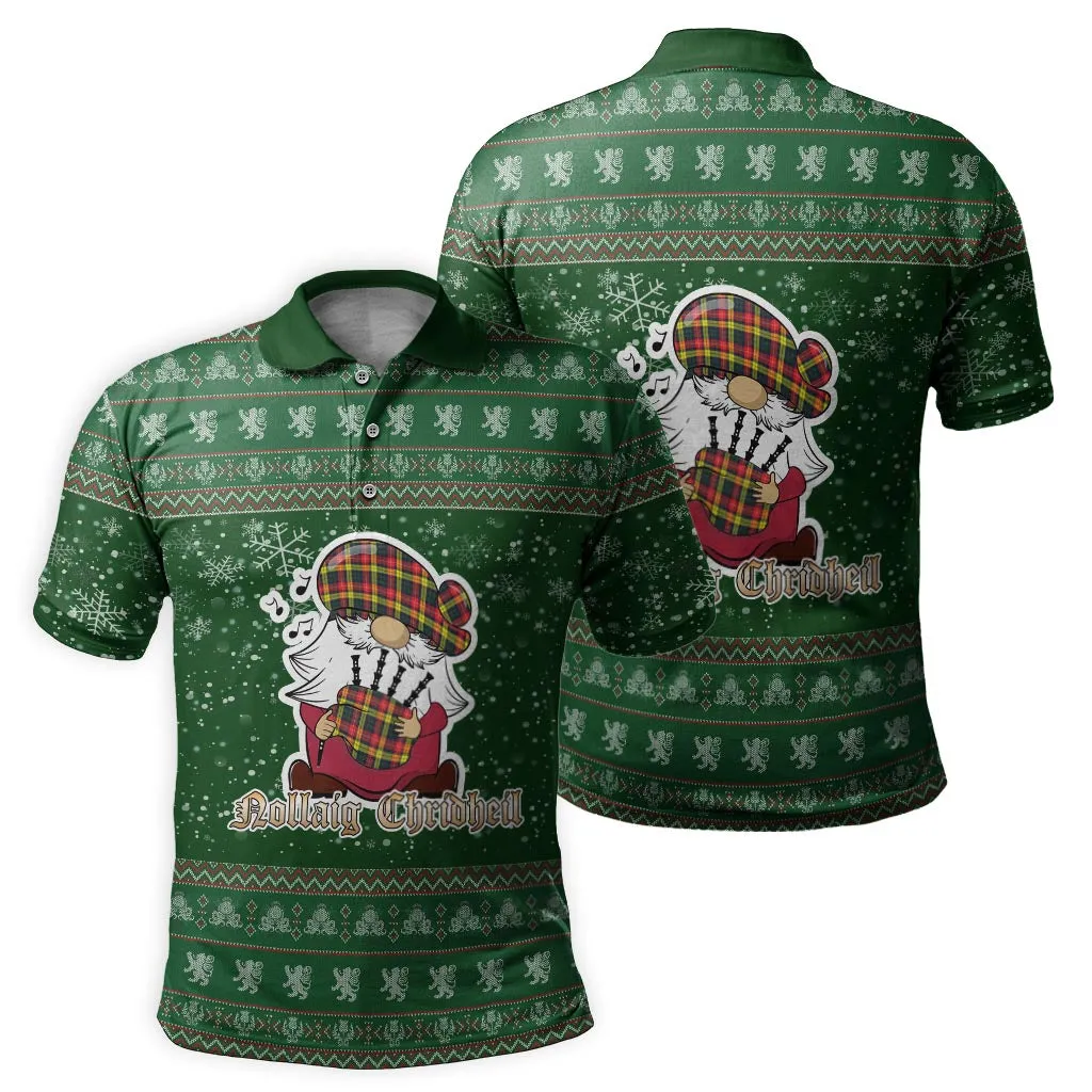 Buchanan Modern Clan Christmas Family Polo Shirt with Funny Gnome Playing Bagpipes