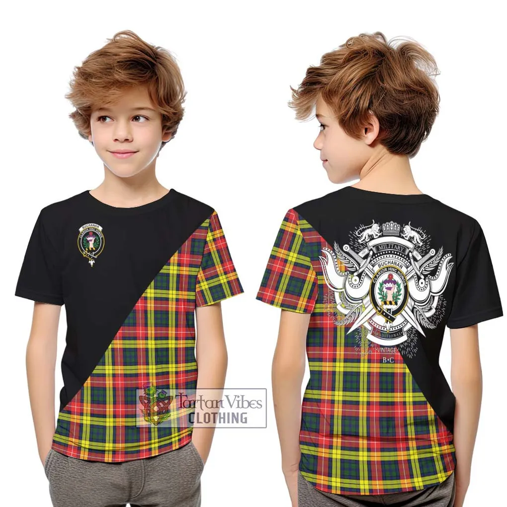 Buchanan Modern Tartan Kid T-Shirt with Family Crest and Military Logo Style