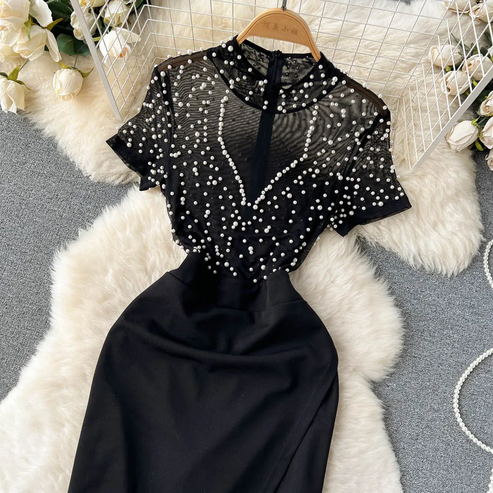 Chic Beaded Skinny Black Dress