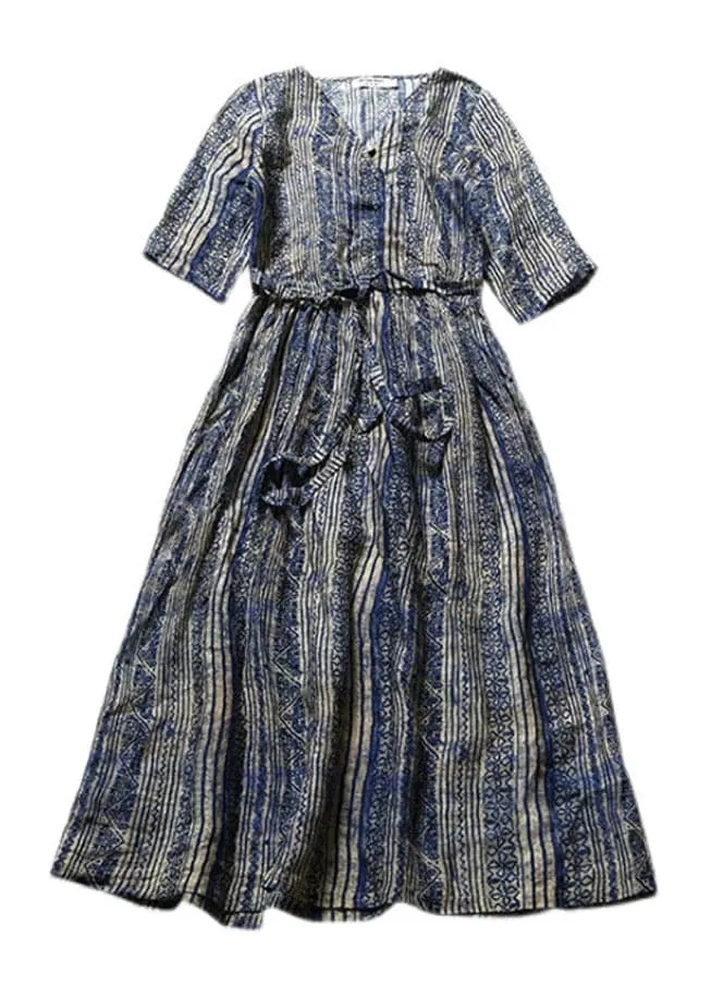 Chic Blue V Neck Striped Patchwork Pockets Linen Dresses Short Sleeve