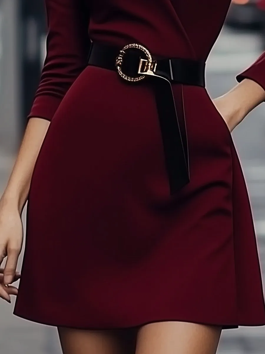 Chic Burgundy Dress with Belt