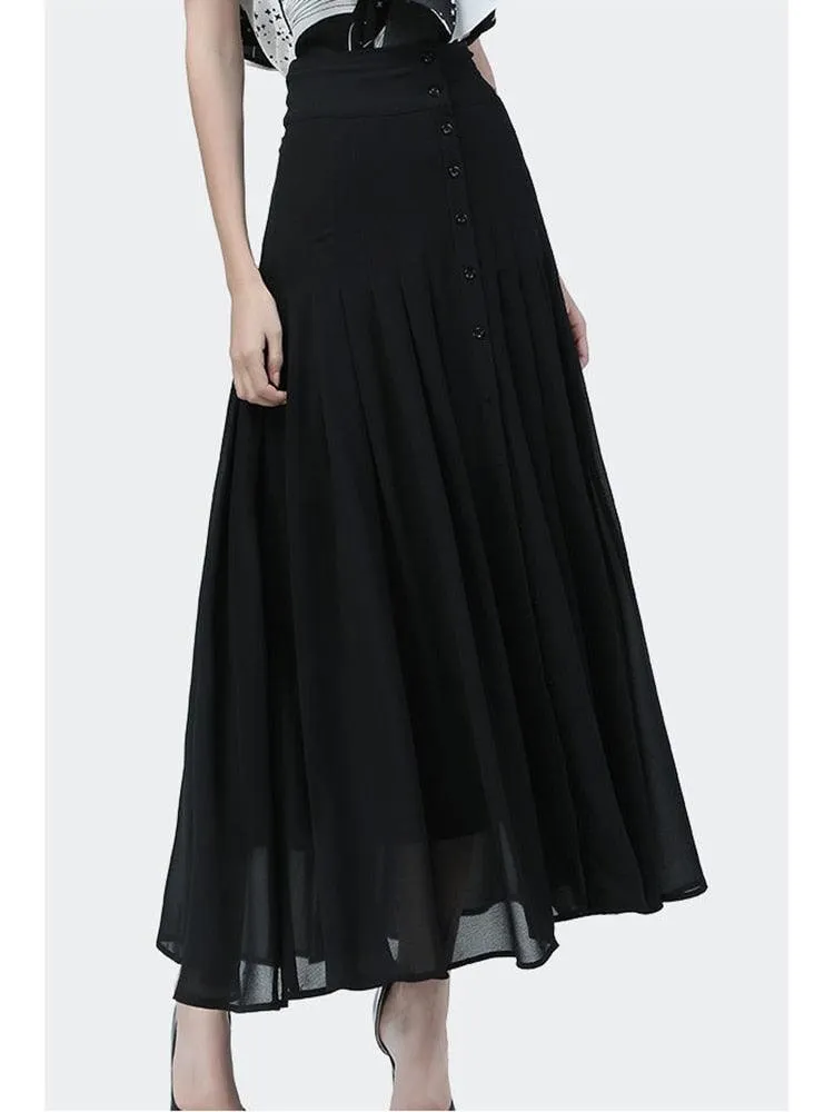 Chic High-Waisted Chiffon A-line Skirt with Stylish Button Slit