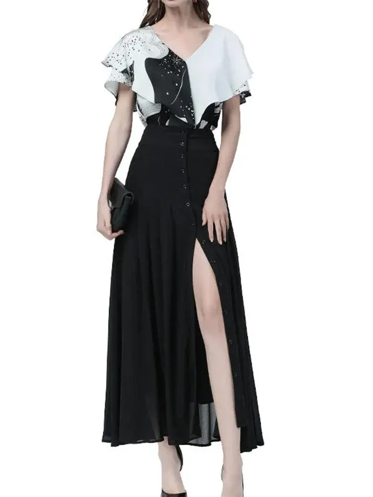 Chic High-Waisted Chiffon A-line Skirt with Stylish Button Slit