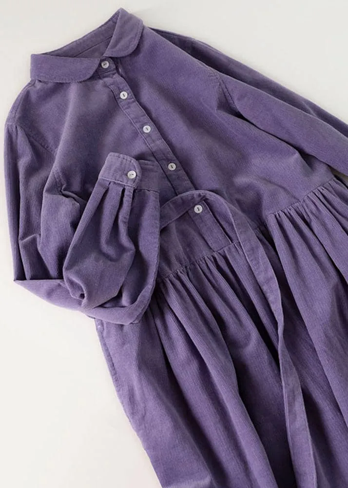 Chic Purple Patchwork Corduroy Shirt Dresses Long Sleeve