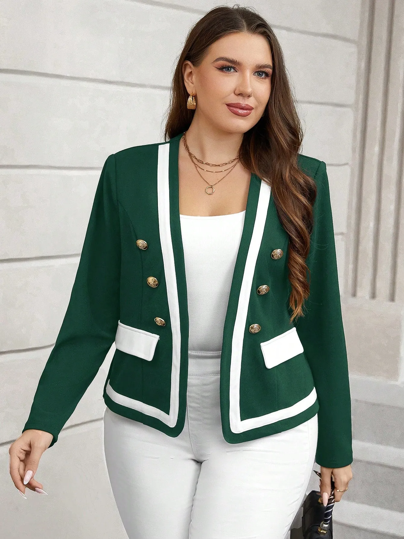 Clasi Plus Contrast Trim Button Detail Blazer