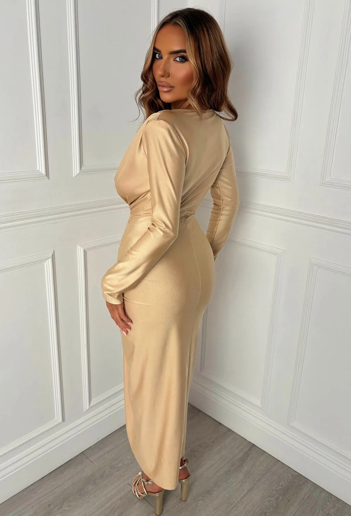 Cocktail Chic Gold Stretch Long Sleeve Plunge Ruched Midi Dress