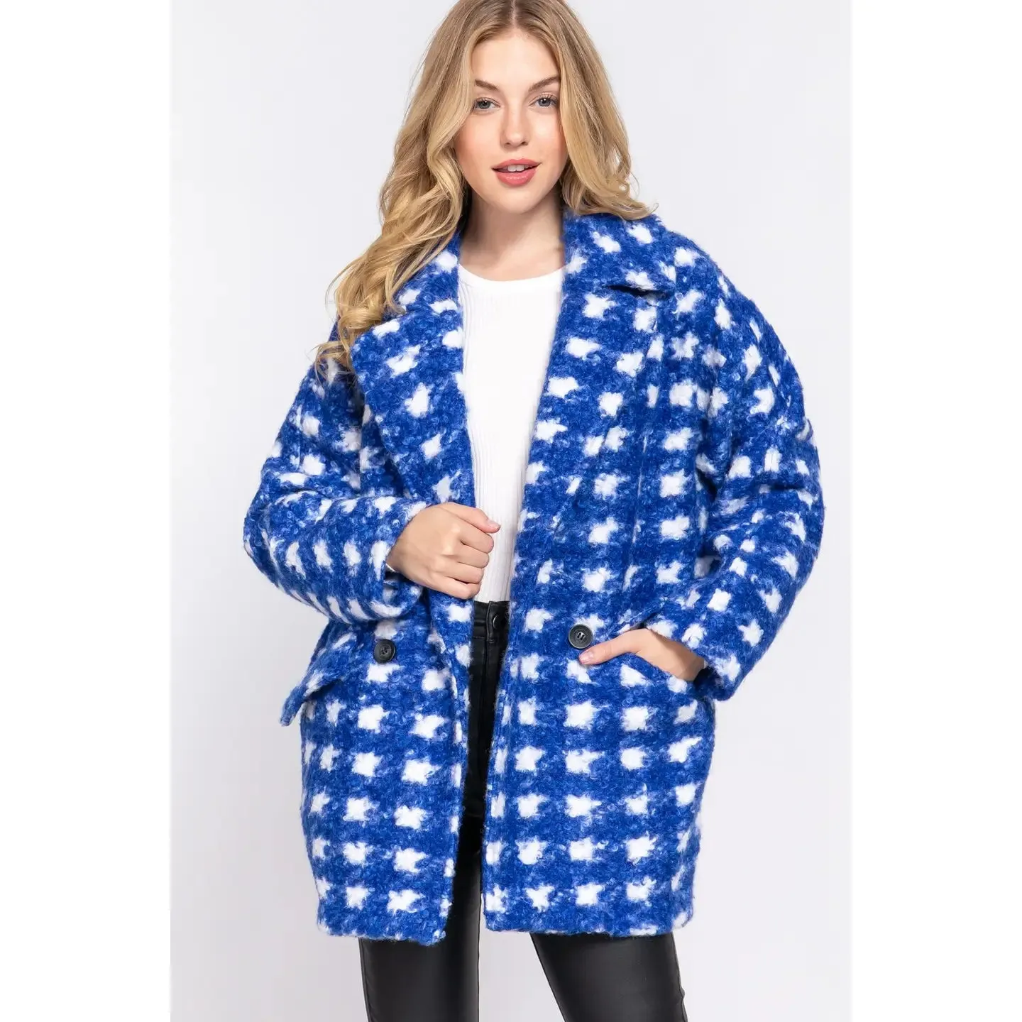 Cozy Double Breasted Check Print Boucle Fleece Coat- Royal or Pink