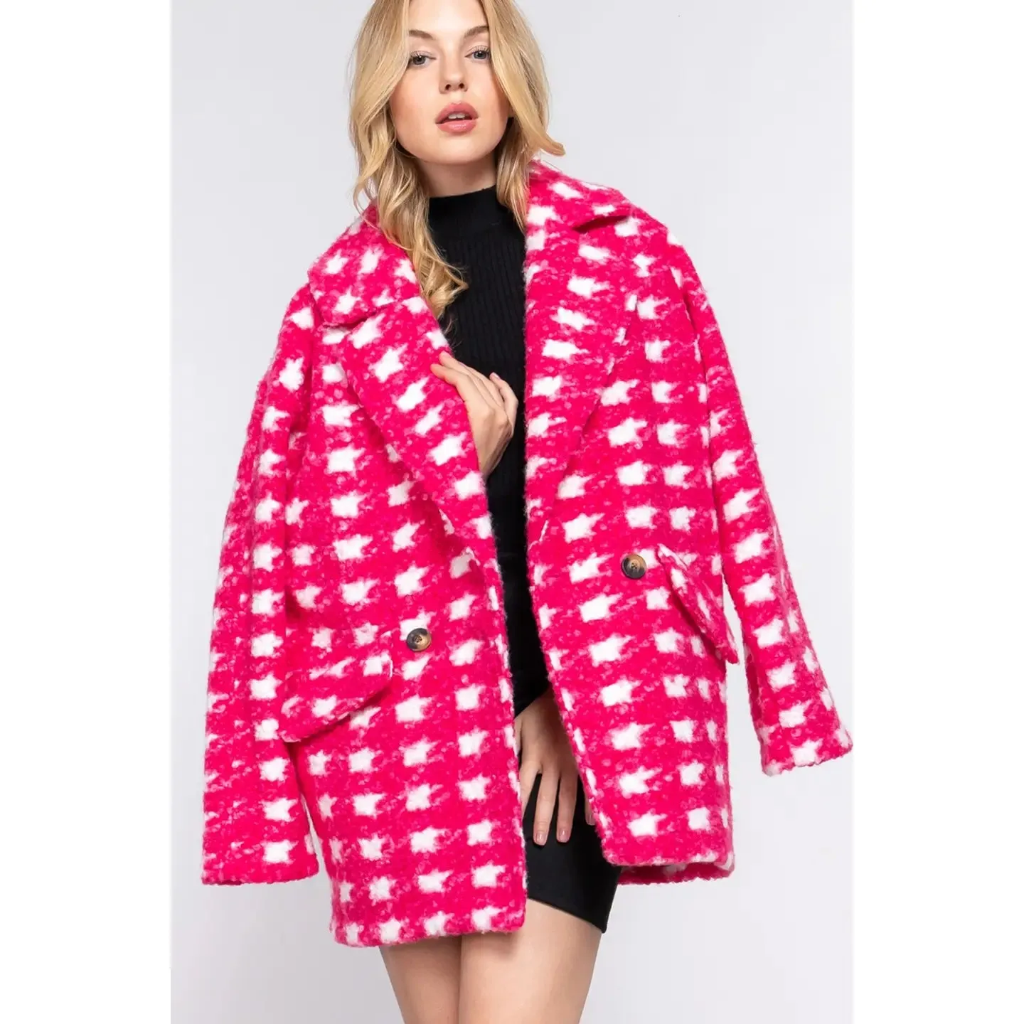 Cozy Double Breasted Check Print Boucle Fleece Coat- Royal or Pink