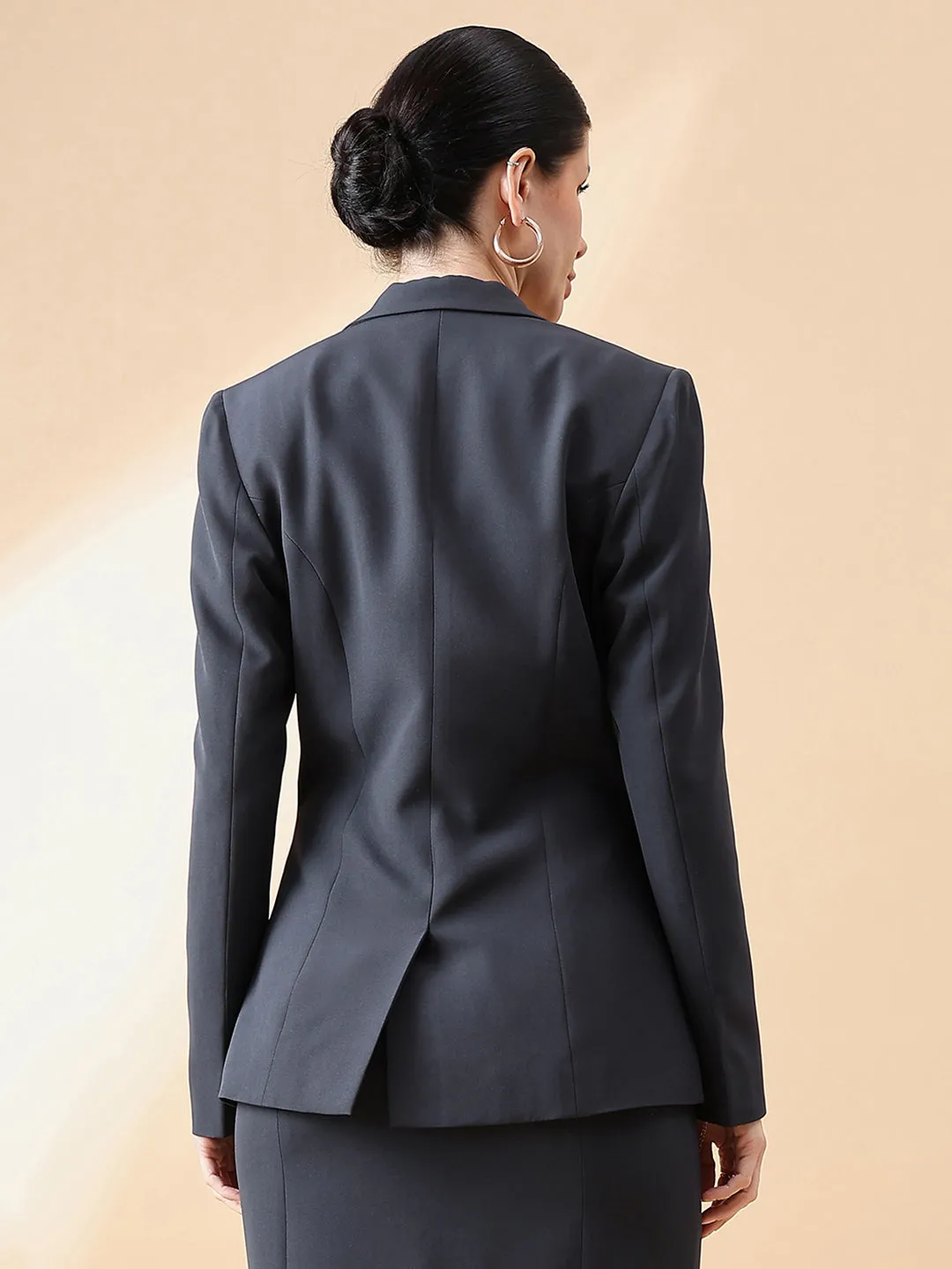 Dark Grey Polyester Notch Collar Stretch Blazer