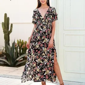 Deep V Neck Floral Print Elegant Split Maxi Dress