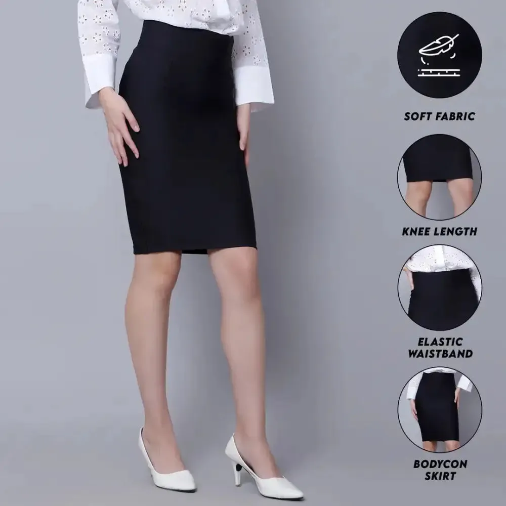 Elegant Black Satin Silk Solid Skirt For Women