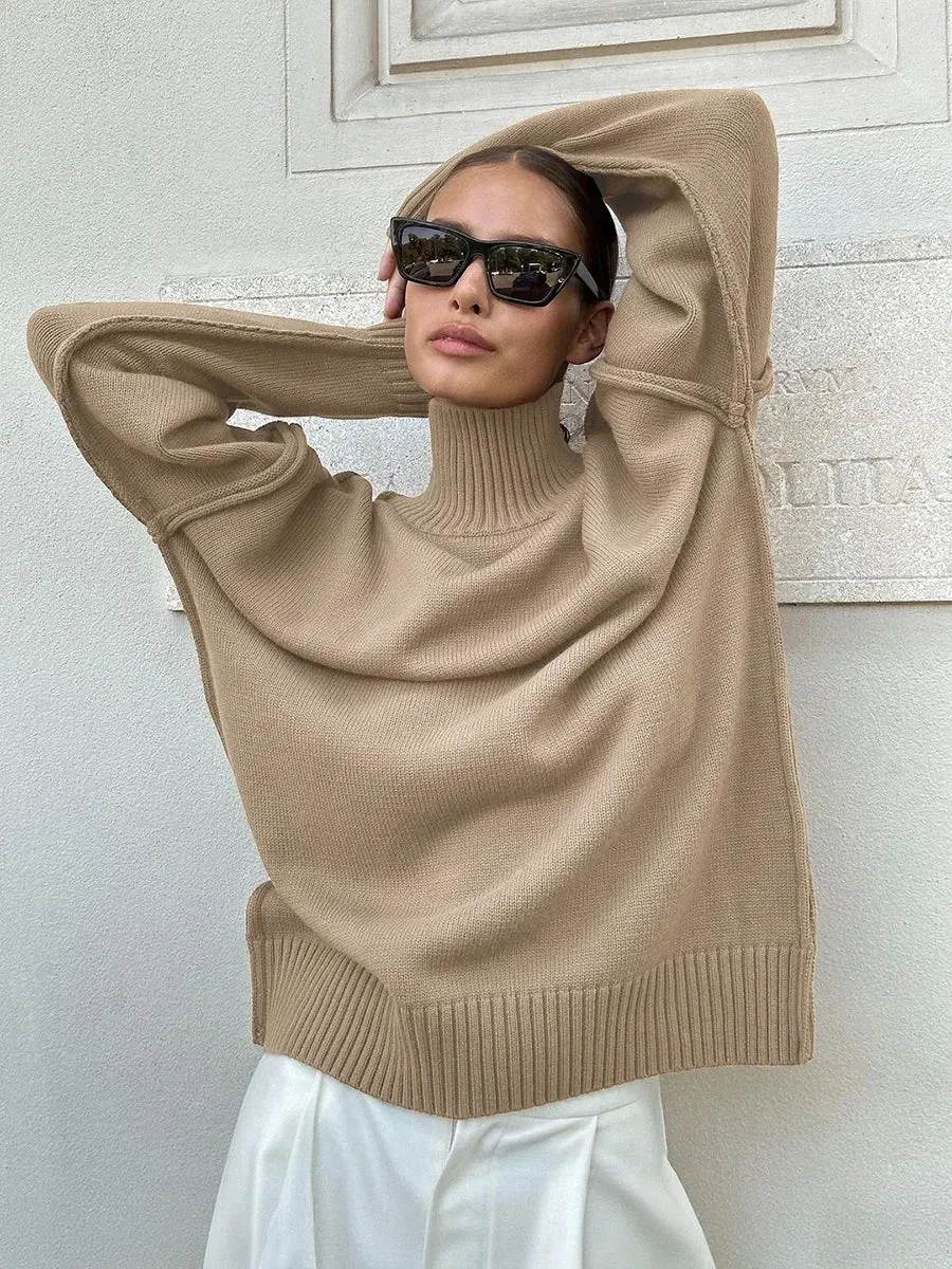 Elegant Solid Turtleneck Knitted Women Casual Long Sleeve Loose Thick Warm Sweater